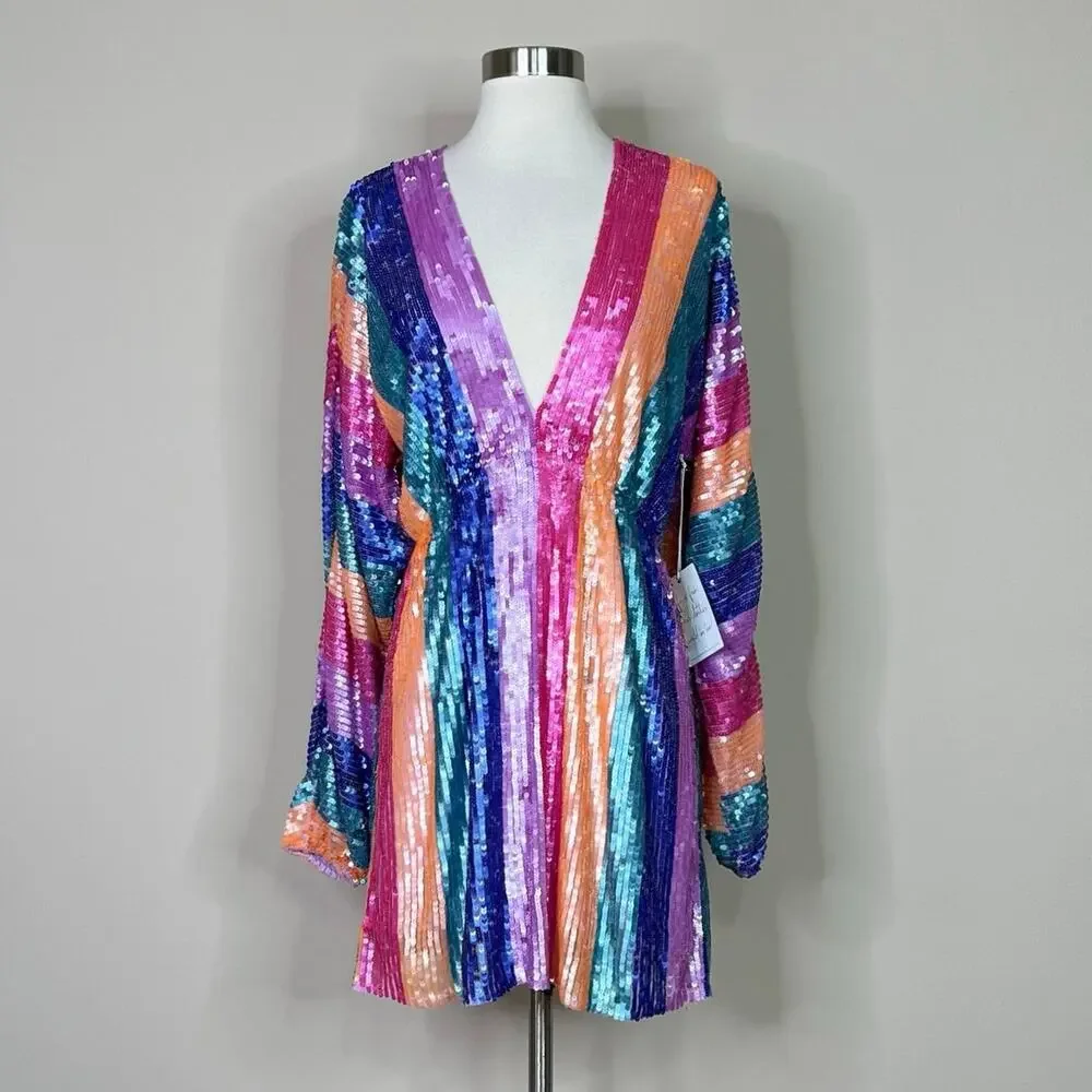 NEW Show Me Your Mumu | Kidman Neon Stripe Sequin Long Sleeve Mini Dress M NWT - Picture 2 of 10
